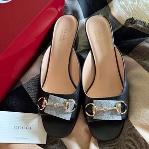 Gucci Black Leather Horsebit Mule Slides with Gold Hardware
